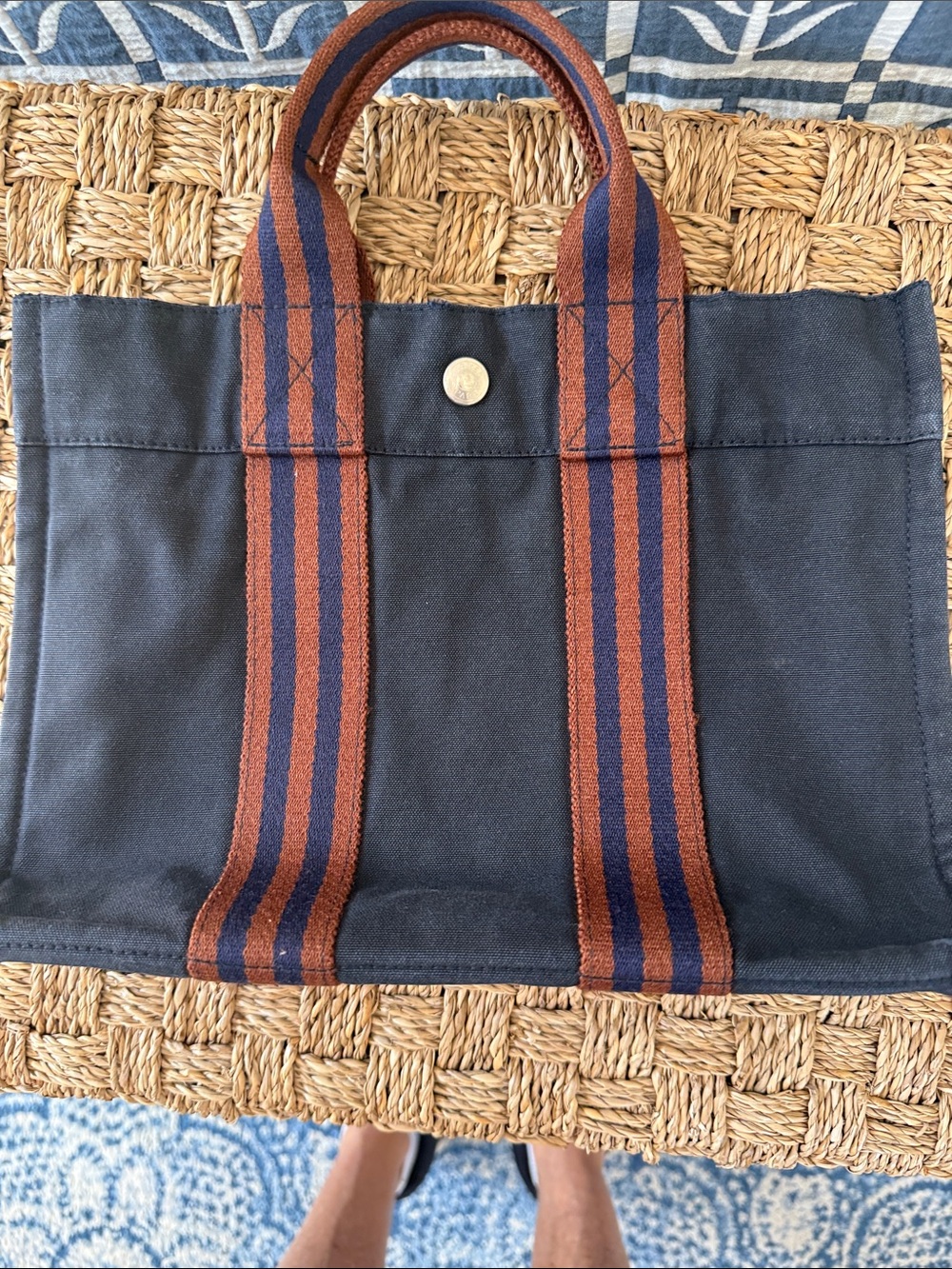 Hermes 2000s MM Fourre Tout Canvas Tote Bag with Striped Handles - Navy & Brown - Picture 6 of 10